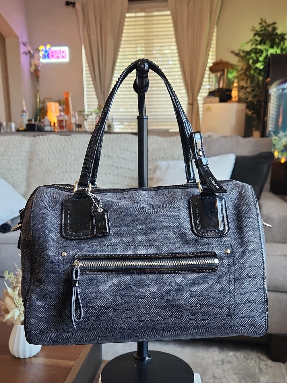 Coach Poppy Signature C Mini Oxford Satchel in dark grey and black